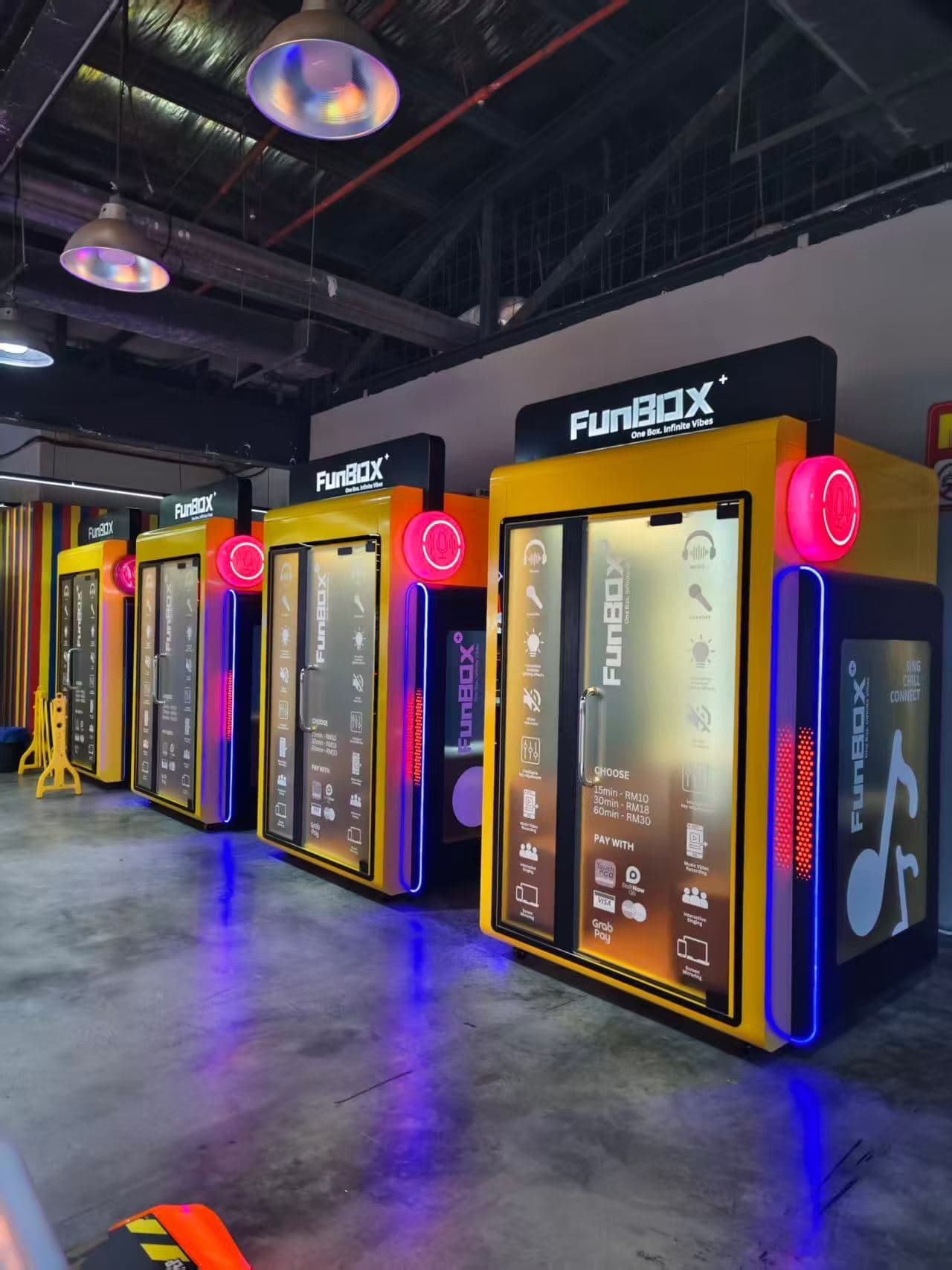FunBox self-service karaoke booths installed in an entertainment venue