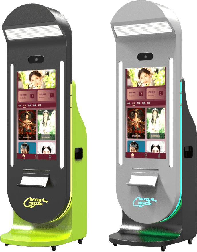 Black and silver Fun-vend AI Photobooth machines with touch screens and print slots