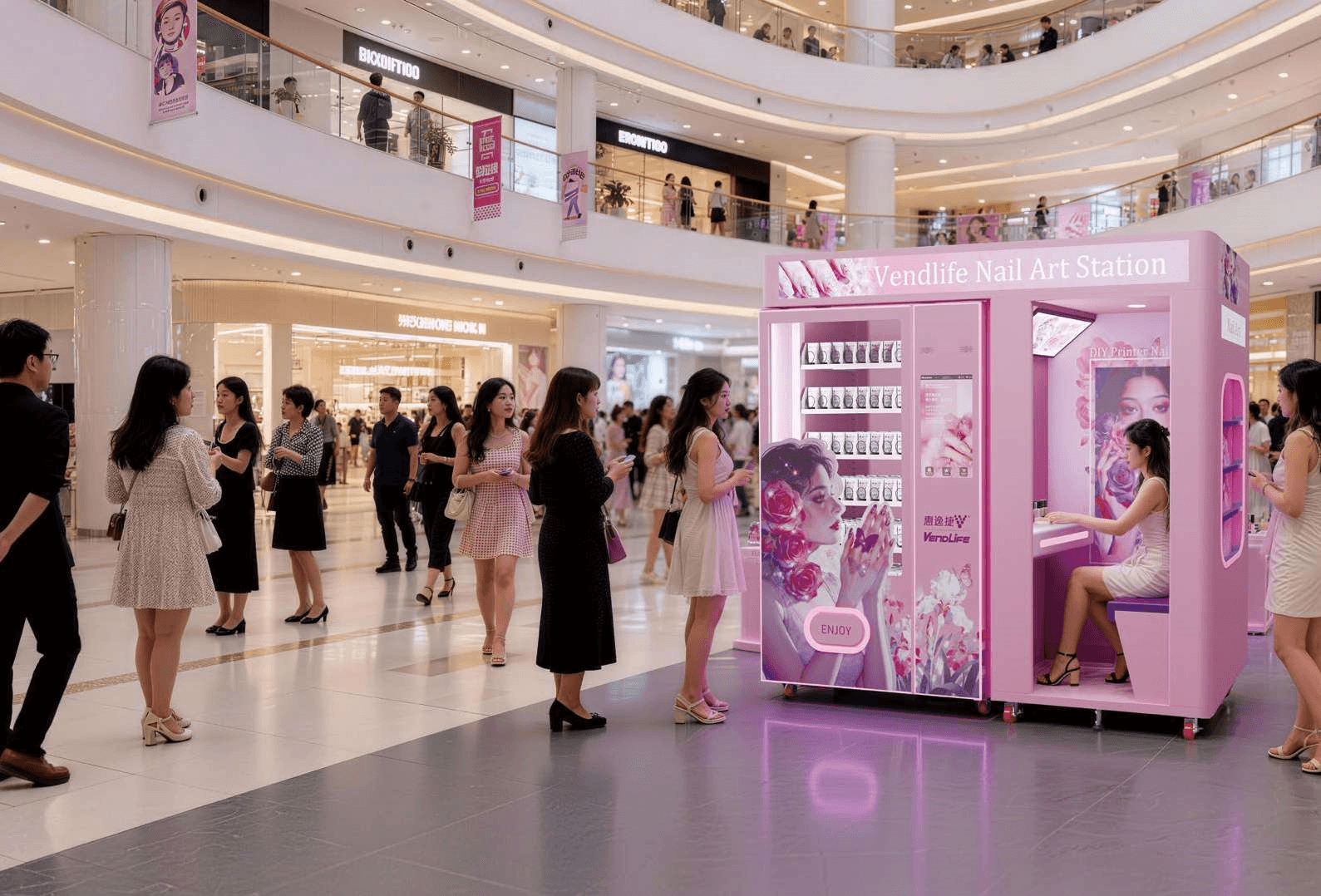 Nail art station installed in a busy shopping mall