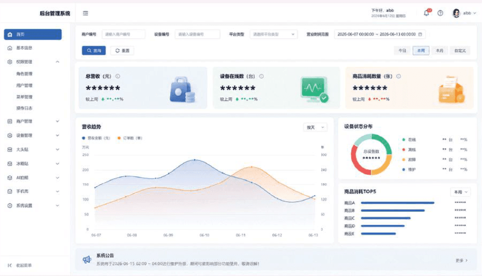 Merchant management dashboard for operational data